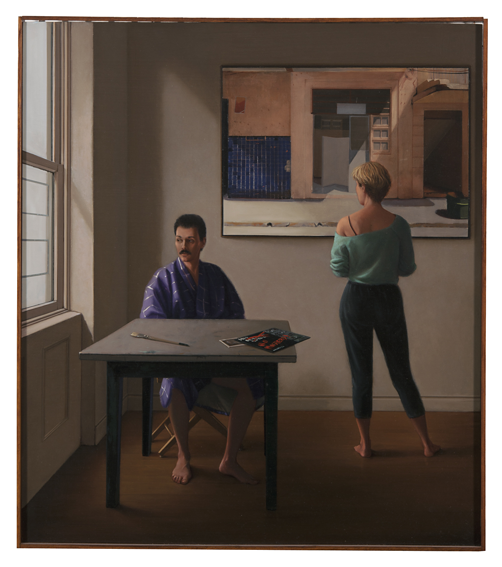 "No Masters" by Carol Pylant, showing a man sitting at a desk looking outside the window and a woman standing close to the man looking at a painting on the wall.