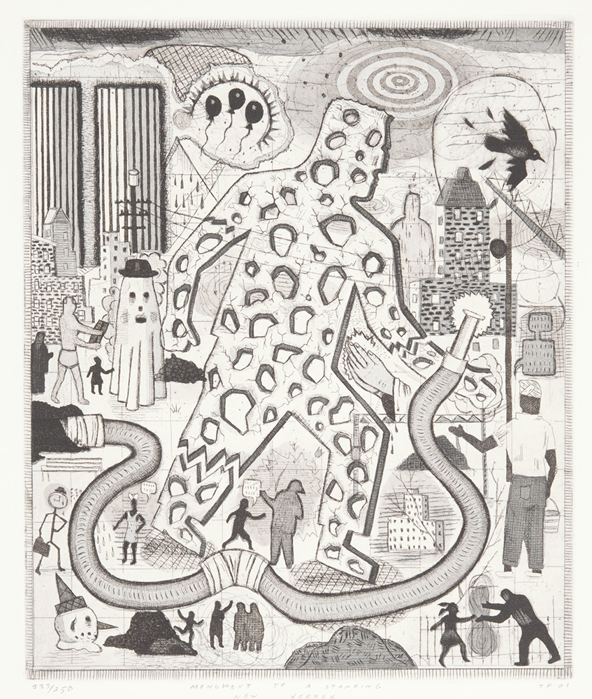 color etching and aquatint on paper entitled "Monument to a Standing New Yorker" by Tony Fitzpatrick