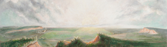 Detail of mixed media artwork on canvas entitled "Sunrise (Sunrise over Kansas)" by John Steuart Curry in the Beach Museum of Art's collection. Showing the bright sunrise over a Kansas landscape.